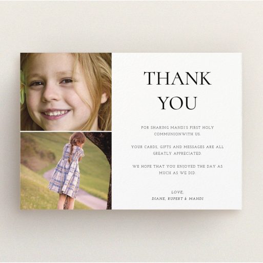 First Holy Communion Thank You Card Design - "Stacked Frames in Thirds" A first holy communion thank you card design named "Stacked Frames in Thirds". It is an A5 card in a landscape orientation. It is a photographic first holy communion thank you card with room for 2 photos. "Stacked Frames in Thirds" is available as a flat card, with mainly white colouring.