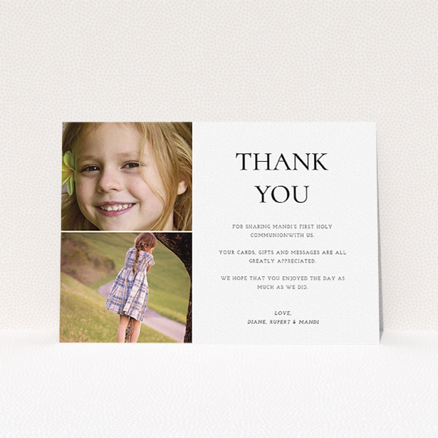 A first holy communion thank you card design named "Stacked Frames in Thirds". It is an A5 card in a landscape orientation. It is a photographic first holy communion thank you card with room for 2 photos. "Stacked Frames in Thirds" is available as a flat card, with mainly white colouring.