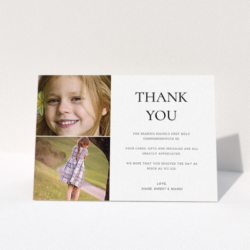A first holy communion thank you card named "Stacked Frames in Thirds". It is an A6 card in a landscape orientation. It is a photographic first holy communion thank you card with room for 2 photos. "Stacked Frames in Thirds" is available as a folded card, with mainly white colouring.