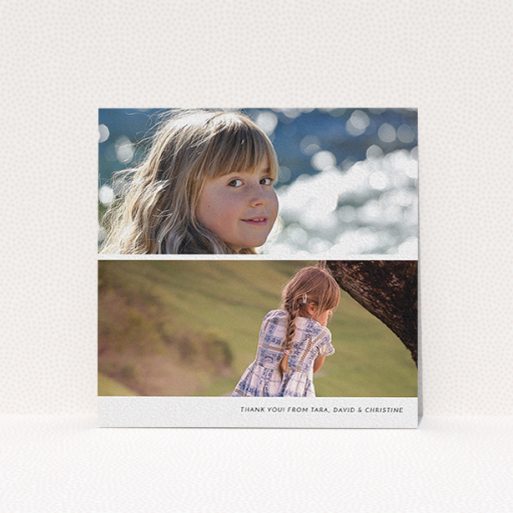 A first holy communion thank you card called "Stacked Landscapes". It is a square (148mm x 148mm) card in a square orientation. It is a photographic first holy communion thank you card with room for 2 photos. "Stacked Landscapes" is available as a flat card, with mainly white colouring.