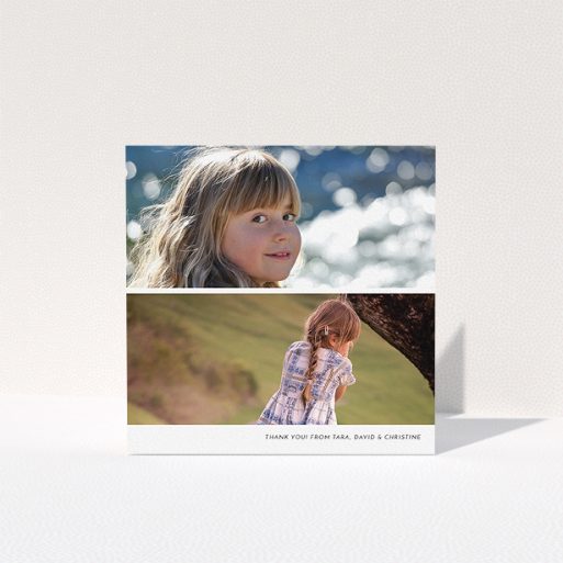 A first holy communion thank you card called "Stacked Landscapes". It is a square (148mm x 148mm) card in a square orientation. It is a photographic first holy communion thank you card with room for 2 photos. "Stacked Landscapes" is available as a folded card, with mainly white colouring.