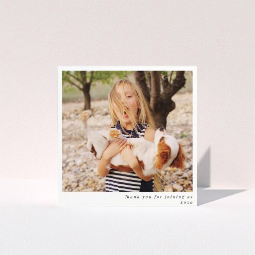 First Holy Communion Thank You Card Design - "Thanks for coming" A first holy communion thank you card design called "Thanks for coming". It is a square (148mm x 148mm) card in a square orientation. It is a photographic first holy communion thank you card with room for 1 photo. "Thanks for coming" is available as a folded card, with mainly white colouring.