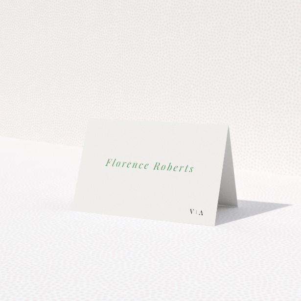 Fitzrovia Script suite place card template with clean lines, flowing script typeface, and subtle sage green accents, embodying timeless elegance with a modern touch This is a third view of the front