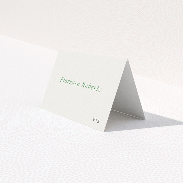 Fitzrovia Script suite place card template with clean lines, flowing script typeface, and subtle sage green accents, embodying timeless elegance with a modern touch This is a third view of the front