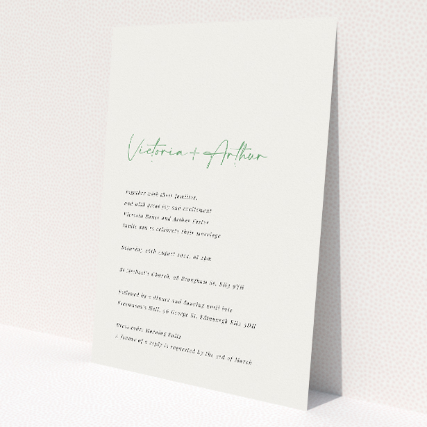 Fitzrovia Script wedding invitation with classic appeal, featuring elegant script names of the couple on a clean white background This is a view of the front