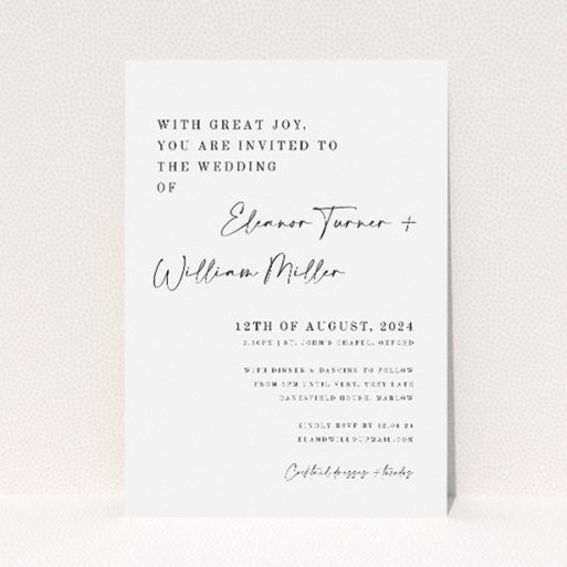 "Fitzrovia Script wedding invitation featuring handcrafted script for couple's names against a crisp white background, blending modern design with traditional elegance for a stylish and heartfelt celebration.". This is a view of the front