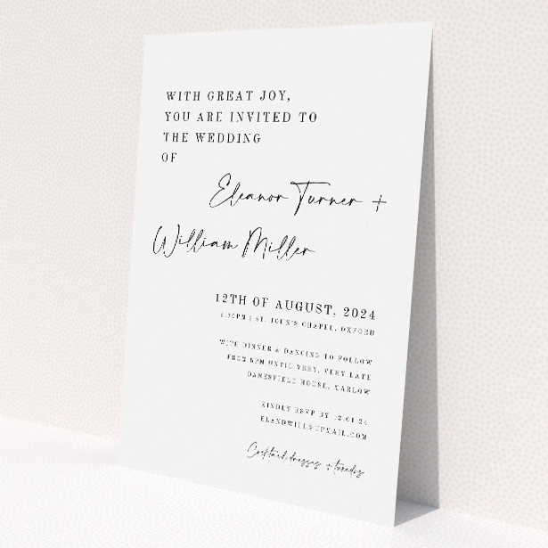 'Fitzrovia Script wedding invitation featuring handcrafted script for couple's names against a crisp white background, blending modern design with traditional elegance for a stylish and heartfelt celebration.'. This is a view of the front