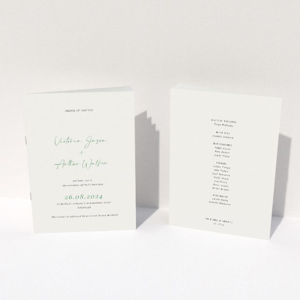 Elegant Fitzrovia Script Wedding Order of Service Booklet with Contemporary Sage Green Typography. This image shows the front and back sides together