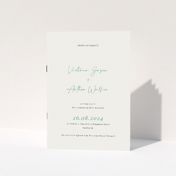 Elegant Fitzrovia Script Wedding Order of Service Booklet with Contemporary Sage Green Typography. This is a view of the front