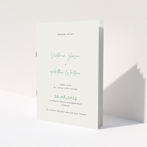 Elegant Fitzrovia Script Wedding Order of Service Booklet with Contemporary Sage Green Typography. This image shows the front and back sides together