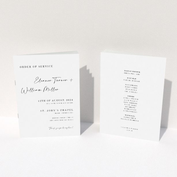 Timeless Fitzrovia Script Wedding Order of Service Booklet with Modern Minimalist Design. This image shows the front and back sides together