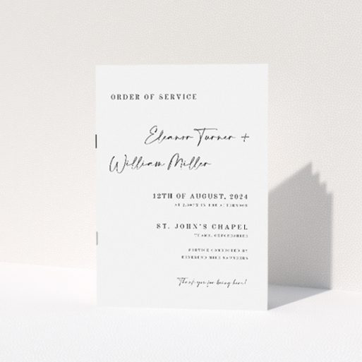 Timeless Fitzrovia Script Wedding Order of Service Booklet with Modern Minimalist Design. This is a view of the front