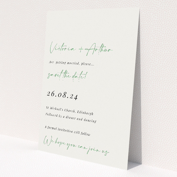 Beautifully crafted wedding announcement featuring modern script font on a fresh green and white colour scheme, evoking natural elegance This is a view of the front