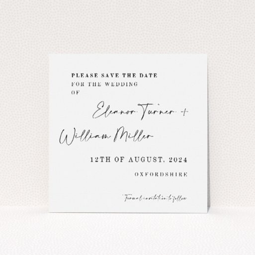 Fitzrovia Script wedding save the date card featuring elegant monochrome design with flowing script and clean typeface. This is a view of the front