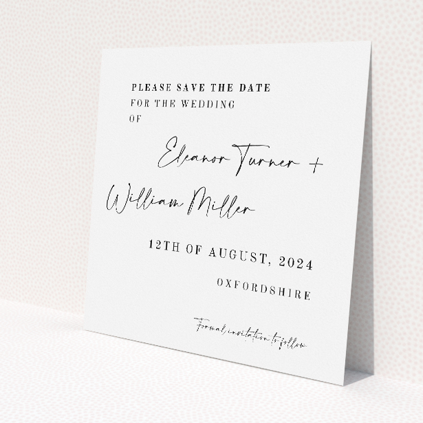 Fitzrovia Script wedding save the date card featuring elegant monochrome design with flowing script and clean typeface. This is a view of the front