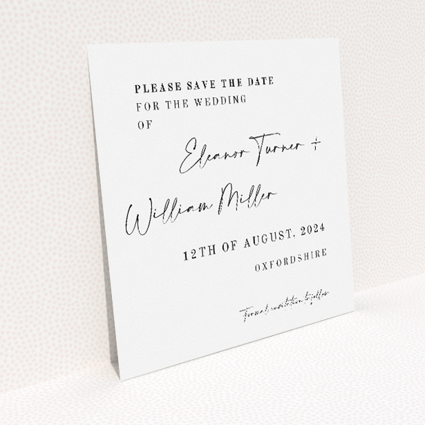 Fitzrovia Script wedding save the date card featuring elegant monochrome design with flowing script and clean typeface. This image shows the front and back sides together