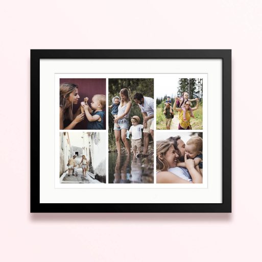 Framed and mounted photo print featuring five different family photos.