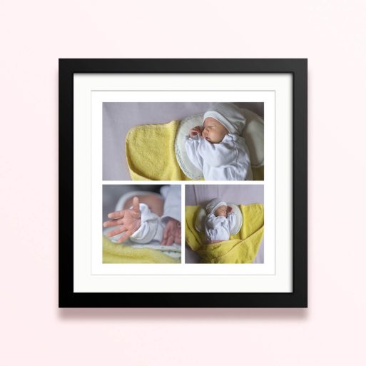 Framed and mounted photo print featuring a collage of baby photos.