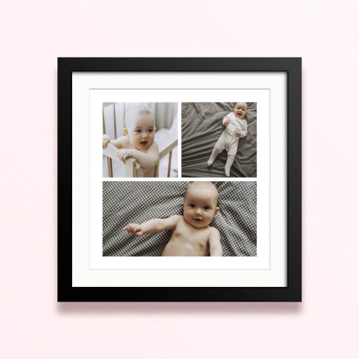 Framed and mounted photo print with three photos featuring a baby.