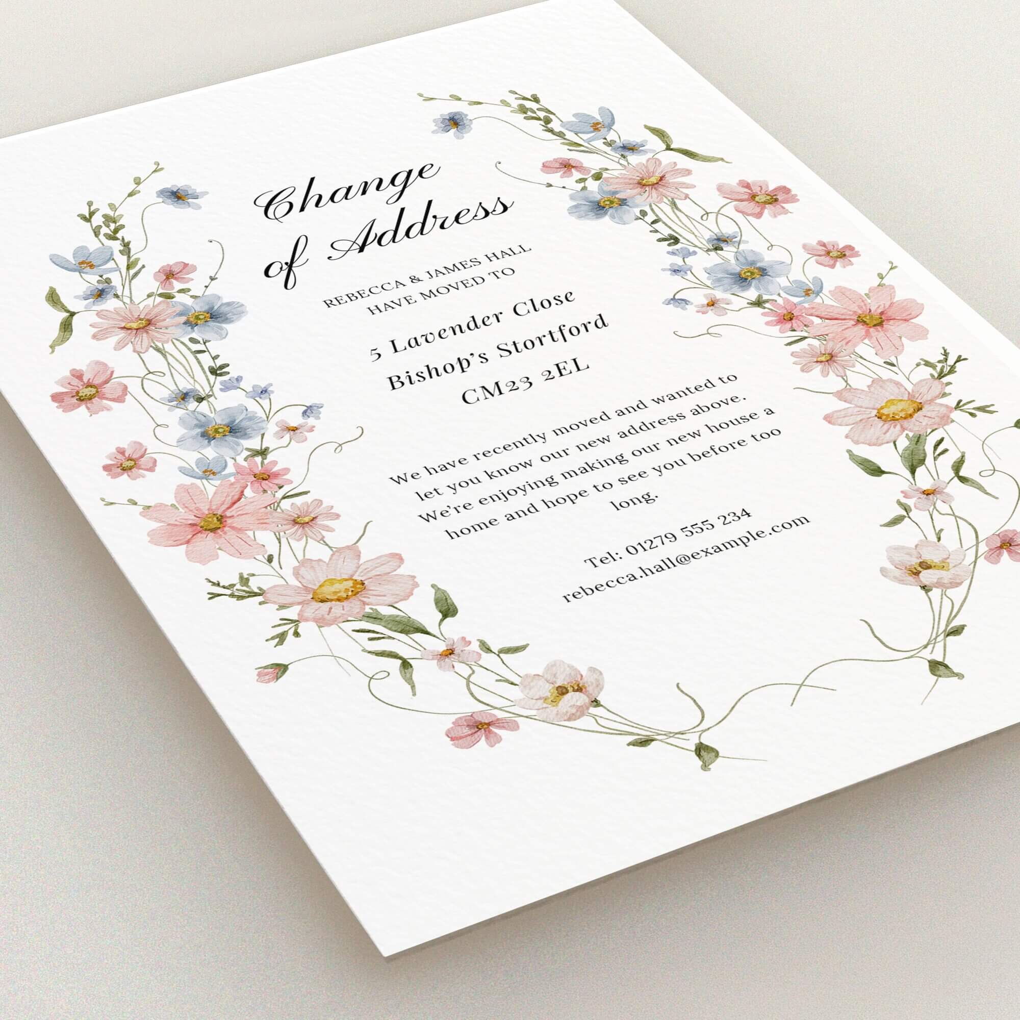 Floral change of address card with elegant design and no photos.