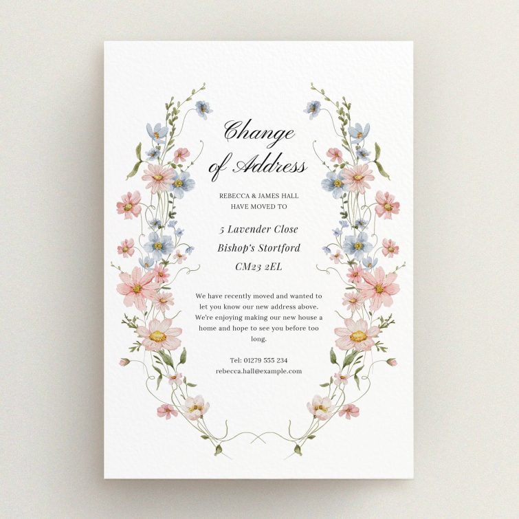 Floral change of address card with elegant design and no photos.