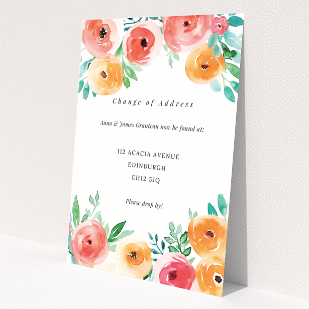 Floral change of address card with text and colourful flower illustrations.