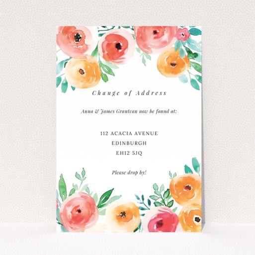 Floral change of address card with text and colourful flower illustrations.