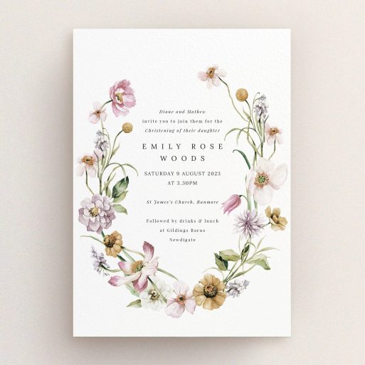 Floral Christening Invite Floral christening invitation design with two images of floral arrangements.