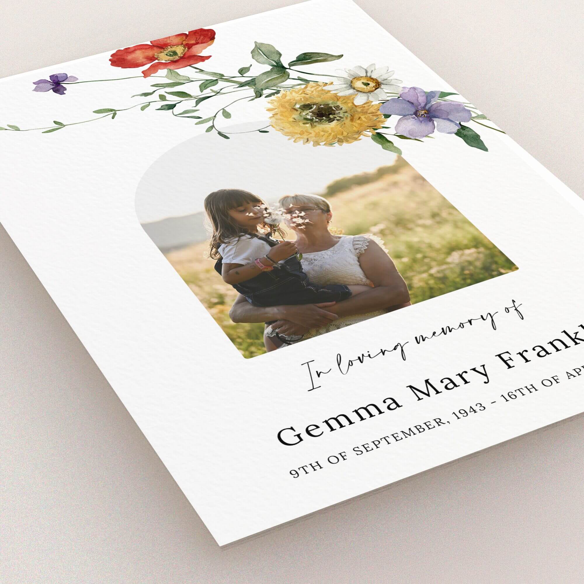 Floral funeral announcement design with one photo for personalised tribute cards.