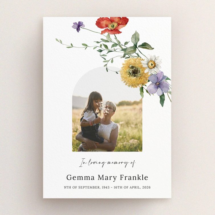 Floral funeral announcement design with one photo for personalised tribute cards.