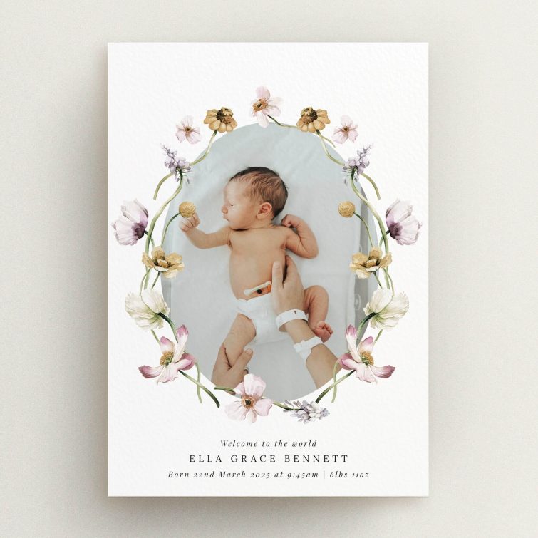 Floral-themed birth announcement card with one baby photo.
