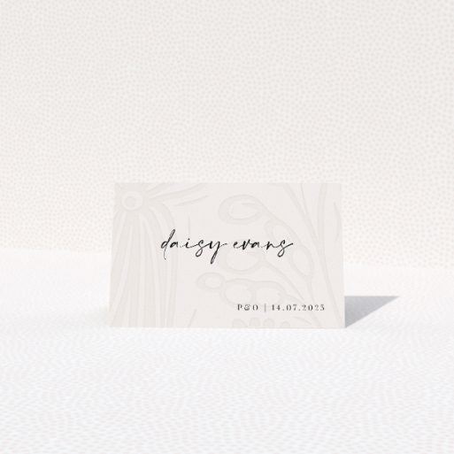 Place cards with delicate hand-drawn floral patterns on a soft ivory backdrop, featuring classic serif and script typography for refined charm, ideal for summer weddings from the Floral Behind suite This is a view of the front