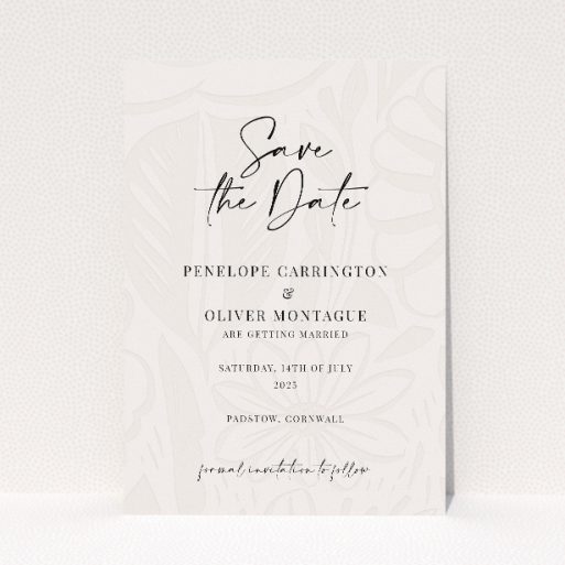 A6 Save the Date card design named "Floral Behind," featuring understated botanical patterns on an off-white background, exuding timeless elegance and contemporary style, perfect for couples seeking a blend of modern design and organic motifs for their wedding announcement This is a view of the front