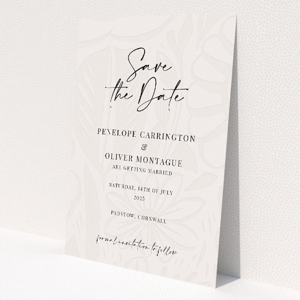 A6 Save the Date card design named 'Floral Behind,' featuring understated botanical patterns on an off-white background, exuding timeless elegance and contemporary style, perfect for couples seeking a blend of modern design and organic motifs for their wedding announcement This is a view of the front