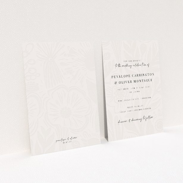"Floral Behind wedding invitation featuring hand-drawn floral pattern on soft ivory canvas, ideal for elegant summer weddings.". This image shows the front and back sides together