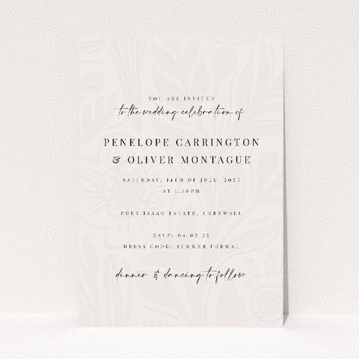 "Floral Behind wedding invitation featuring hand-drawn floral pattern on soft ivory canvas, ideal for elegant summer weddings.". This is a view of the front