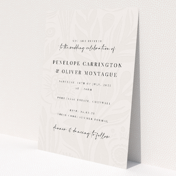 'Floral Behind wedding invitation featuring hand-drawn floral pattern on soft ivory canvas, ideal for elegant summer weddings.'. This is a view of the front