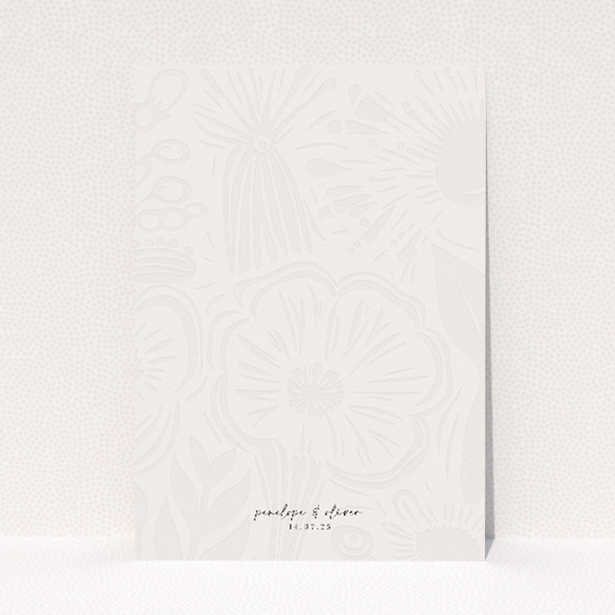 "Floral Behind wedding invitation featuring hand-drawn floral pattern on soft ivory canvas, ideal for elegant summer weddings.". This image shows the front and back sides together