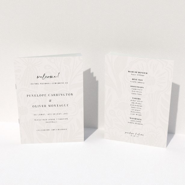Floral Behind Wedding Order of Service booklet with gentle emboss-style floral pattern in muted grey, complementing crisp black typography This image shows the front and back sides together