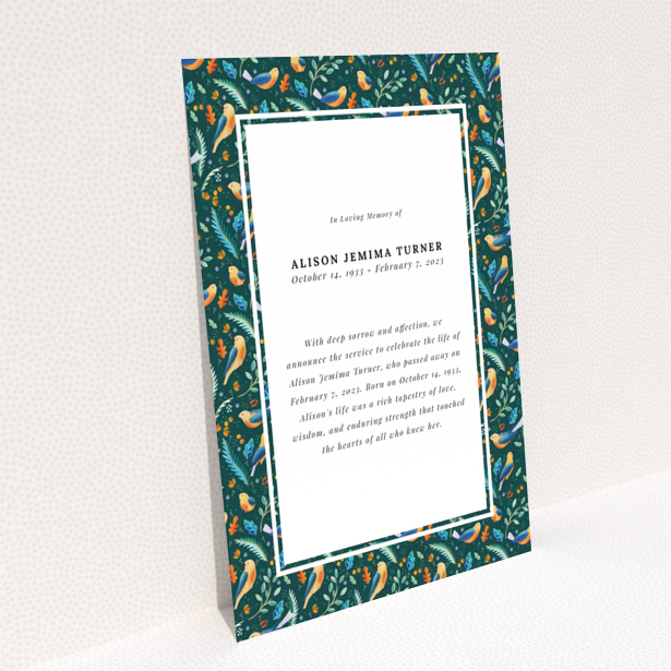 Funeral announcement card reverse side design with green floral border and text details Portrait