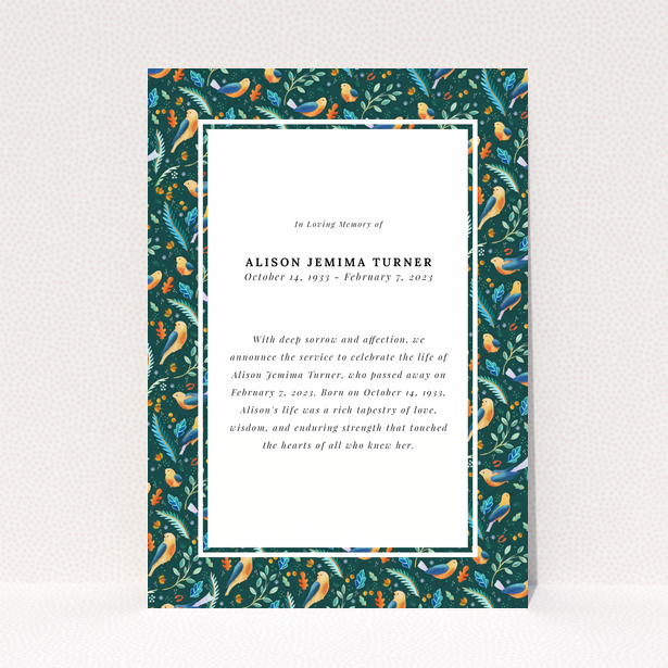 Funeral announcement design with floral bird pattern and one photo placeholder