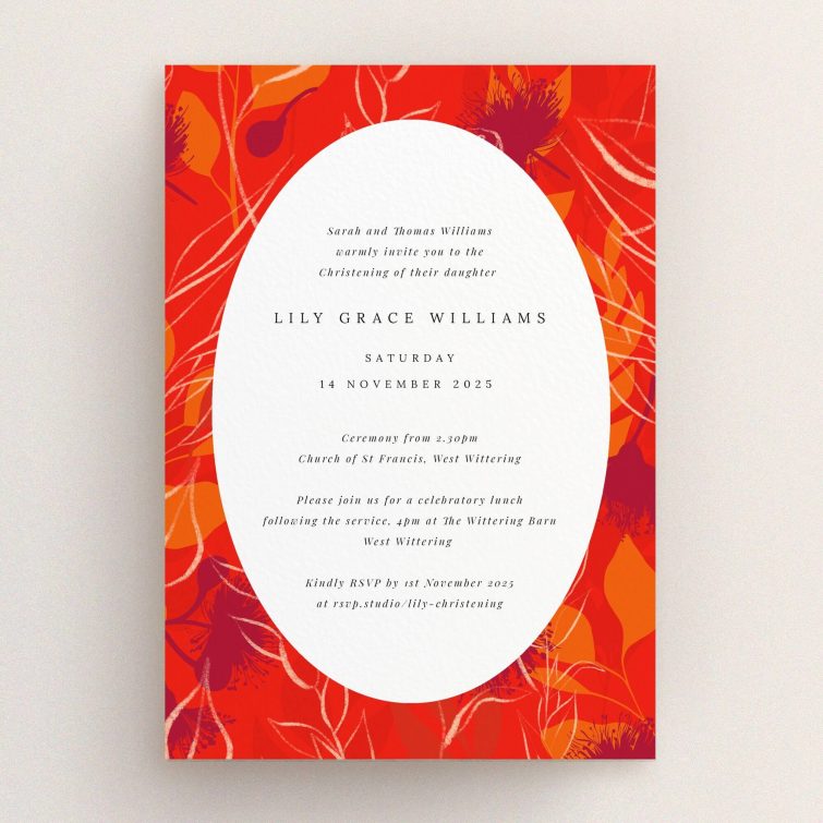 Floral christening invitation design in red and orange hues with no photos.
