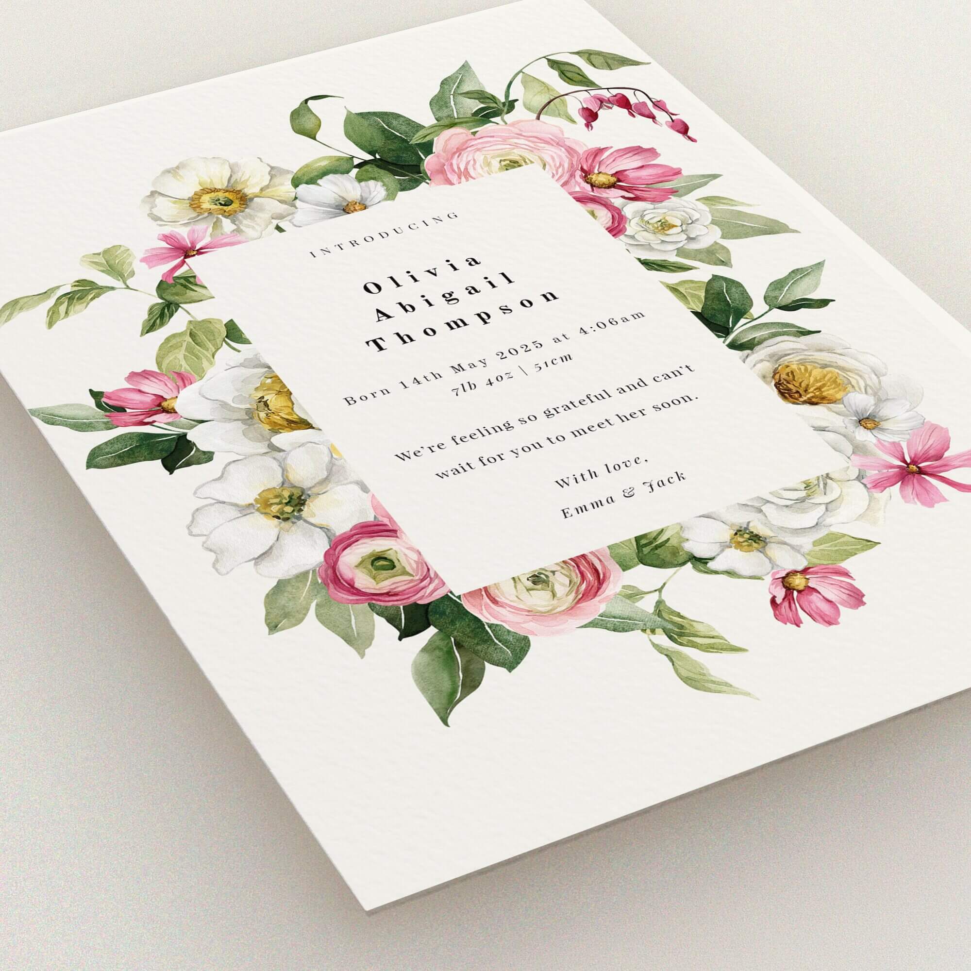 Floral birth announcement card design with no photos, showcasing a baby's details alongside decorative flowers.