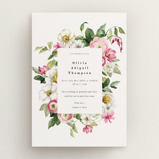 Floral birth announcement card design with no photos, showcasing a baby's details alongside decorative flowers.