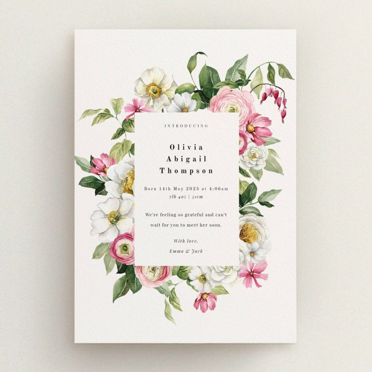 Floral birth announcement card design with no photos, showcasing a baby's details alongside decorative flowers.