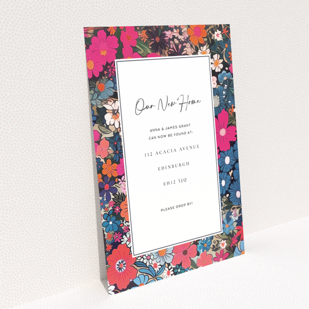 Floral design change of address card back page with colourful flowers, Portrait design, no photos