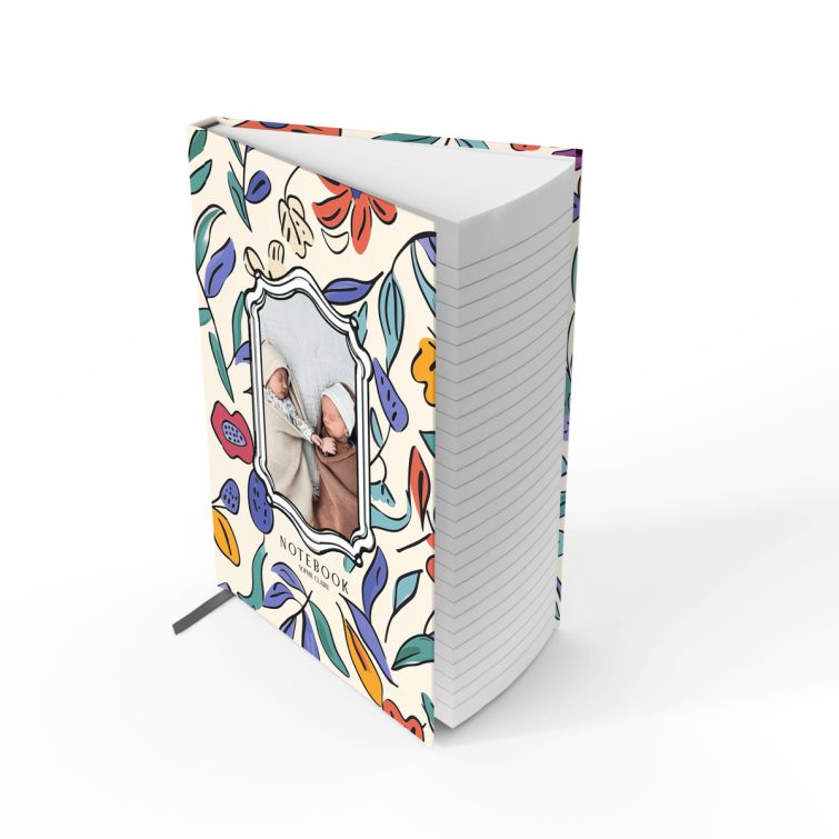 Floral design portrait notebook cover with one photo placeholder from Utterly Printable.