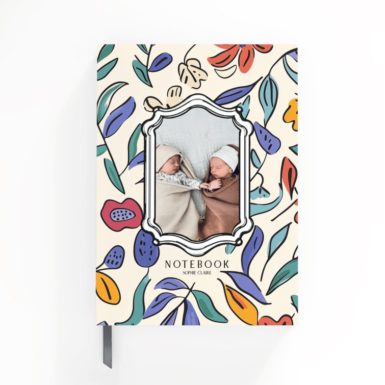 Floral design portrait notebook cover with one photo placeholder from Utterly Printable.