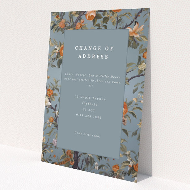 Change of address card with floral background in blue and orange, no photos.