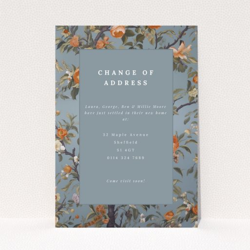 Change of address card with floral background in blue and orange, no photos.